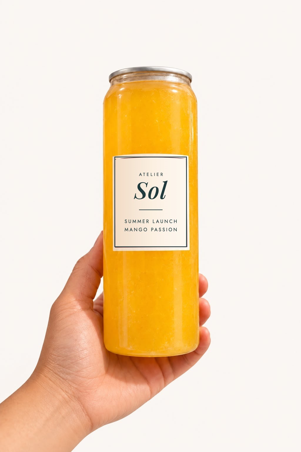 A freshly sealed can of mango passion lemonade with a sample custom label for a fictional brand, Atelier Sol