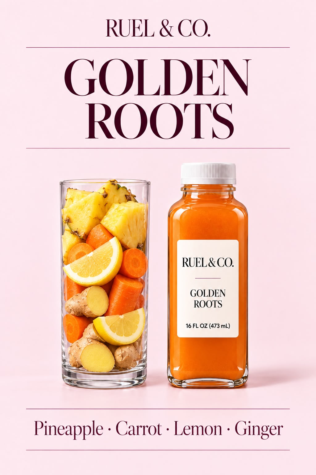 Golden Roots organic juice: pineapple, carrot, lemon, ginger