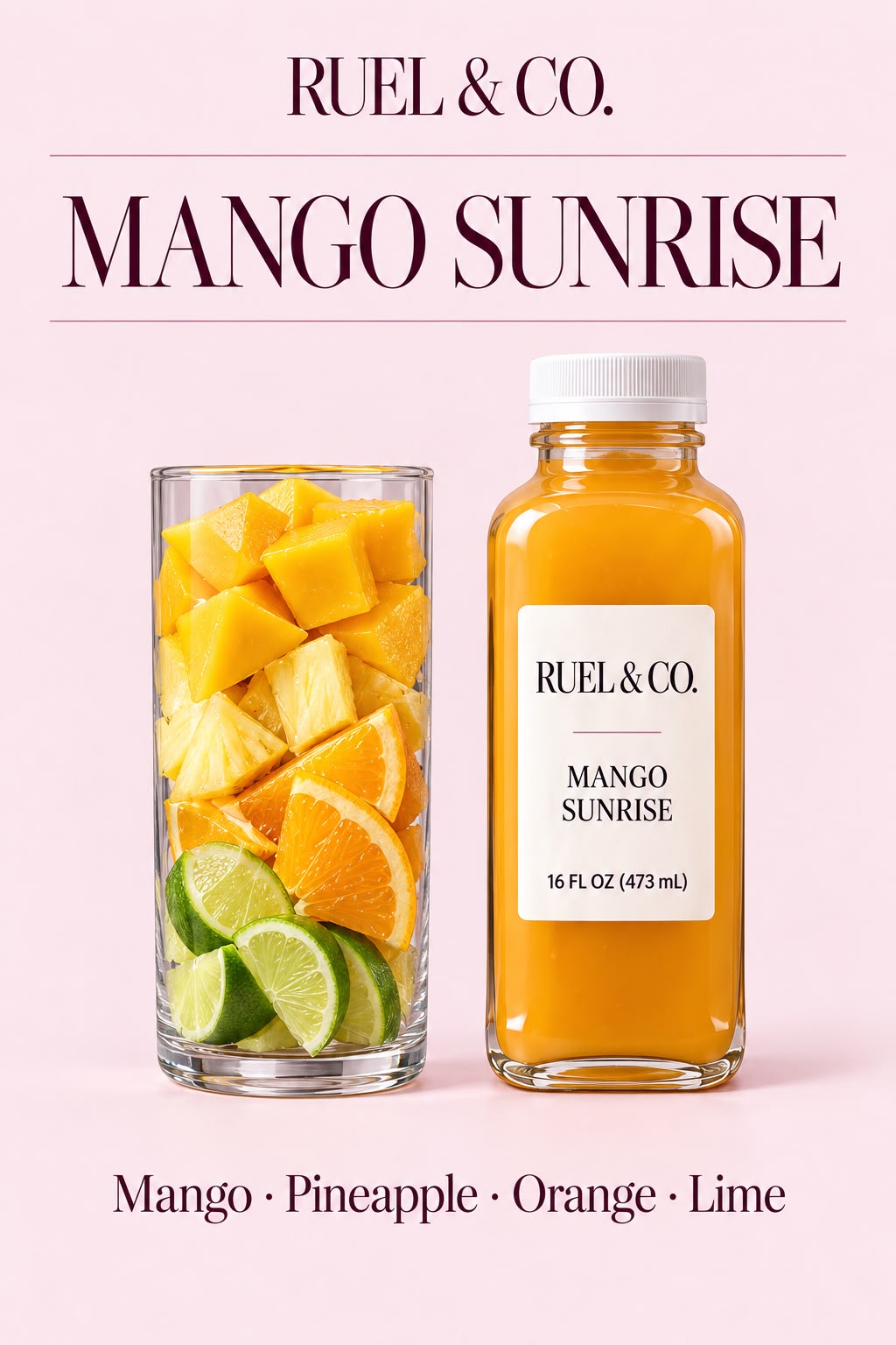 Mango Sunrise organic juice: mango, pineapple, orange, lime