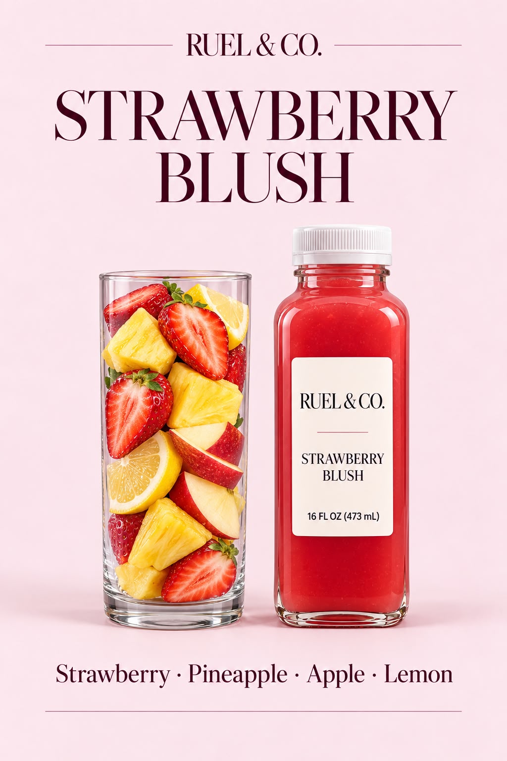 Strawberry Blush organic juice: strawberry, pineapple, apple, lemon