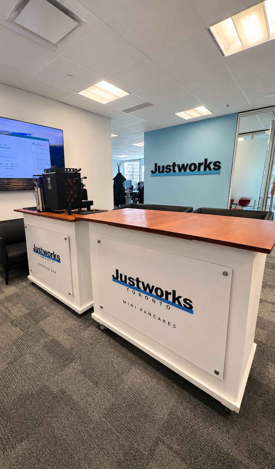 Justworks espresso bar and mini pancake carts side by side