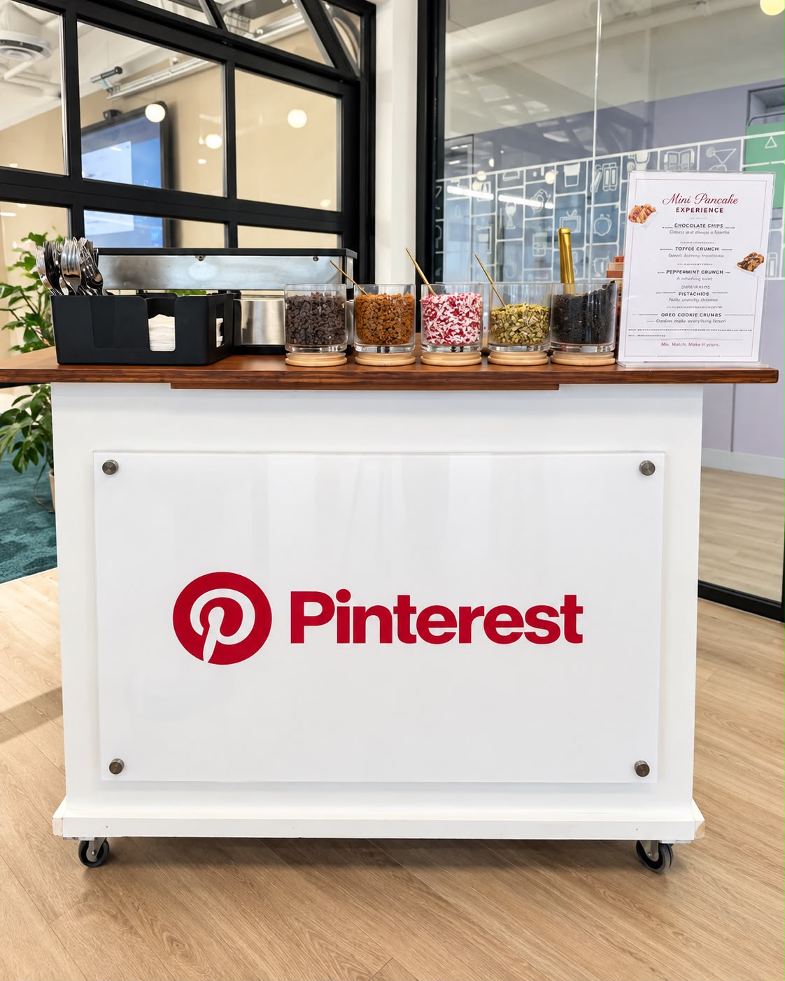 Pinterest-branded mini pancake cart with toppings bar
